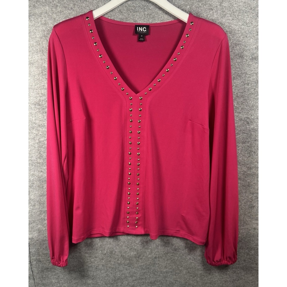 INC International Concepts Hot Pink, Size M Long Sleeves, V-Neck, Studded Blouse